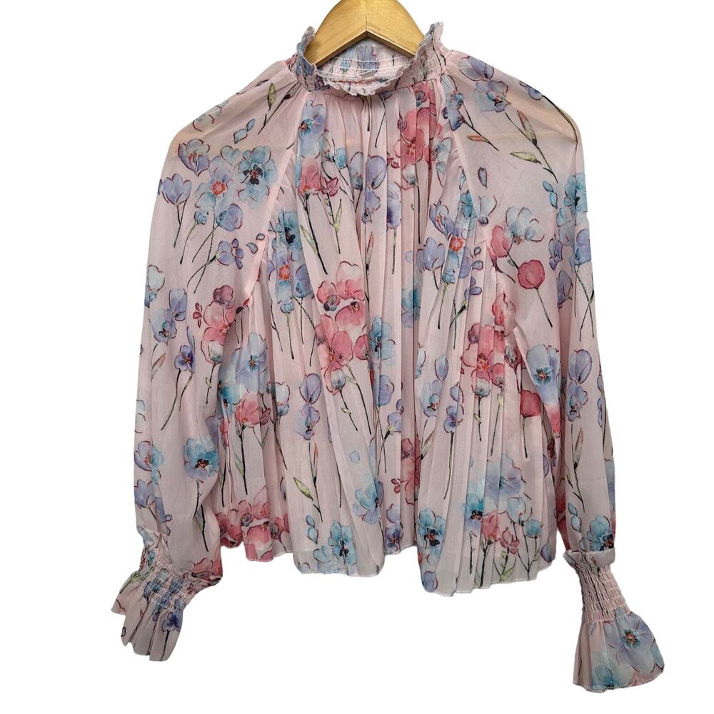 SHEIN Women's Size Medium Pink Blue Floral Print Long Sleeve Blouse